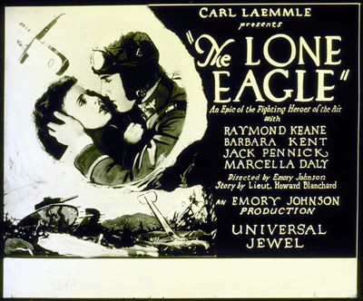 Barbara Kent and Raymond Keane in coming attraction slide for The Lone Eagle (1927)

