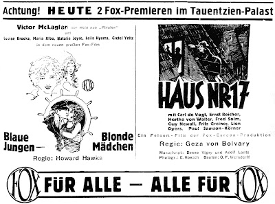 German newspaper advertisement for Blaue jungens, blonde Madchen (November 1928)