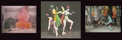 Frames from early hand-colored films (left to right):  The Great Train Robbery (1903),  Dancers from Théâtre du Châtelet (1896), and Le chaudron infernal (1903).